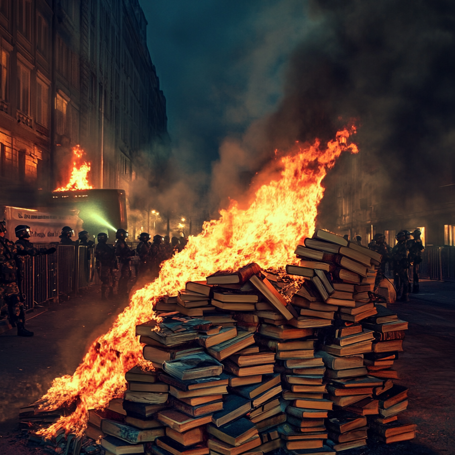 A pile of books burning in a deserted city street at night, with soldiers and martial law scenes in the background. Symbolizing censorship, free thought, and resistance.